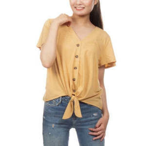 Hippie Rose Juniors Button-Detail Tie-Front Top, Heather Gold, Size M